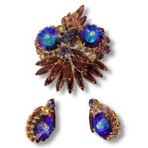 Juliana D&E Purple Owl Margarita Rivoli Rhinestone Brooch Pin Earring Set Posts